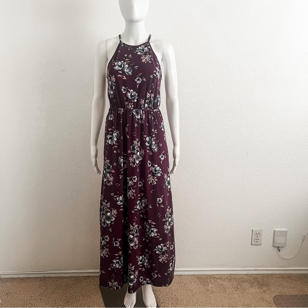 French Grey Size Small Purple Floral Maxi Halter Dress Keyhole Back